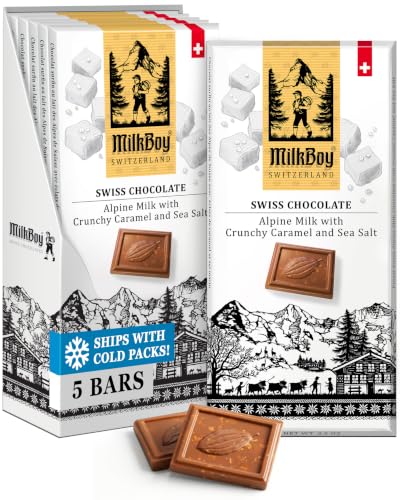 MilkBoy Swiss Chocolates Milk Chocolate Bars, Caramel Salt - 3 oz, 5 Pack | Premium gourmet treat with crunchy caramel and sea salt. Gluten free. Non-GMO. Kosher. Crafted in Switzerland.