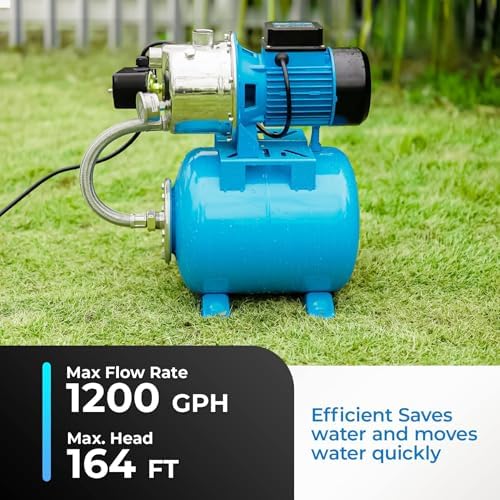 LEO Shallow Well Pump with Pressure Tank 1.5HP, Irrigation Jet Pump 1200 GPH Automatic Booster Sprinkler System,Stainless Steel Water Transfer Camp Pumps for Home, Garden, Lawn