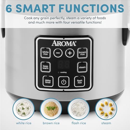 AROMA Digital Rice Cooker, 4-Cup (Uncooked) / 8-Cup (Cooked), Steamer, Grain Cooker, Multicooker, 2 Qt, Stainless Steel Exterior, ARC-914SBD
