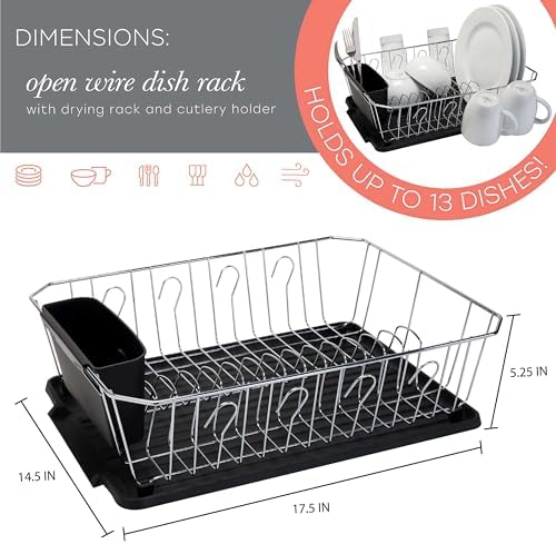 Kitchen Details 3 Piece Dish Rack | Drying Rack, Cutlery Basket & Drainboard Tray | Countertop | Self Draining | Open Wire Design | Chrome | White