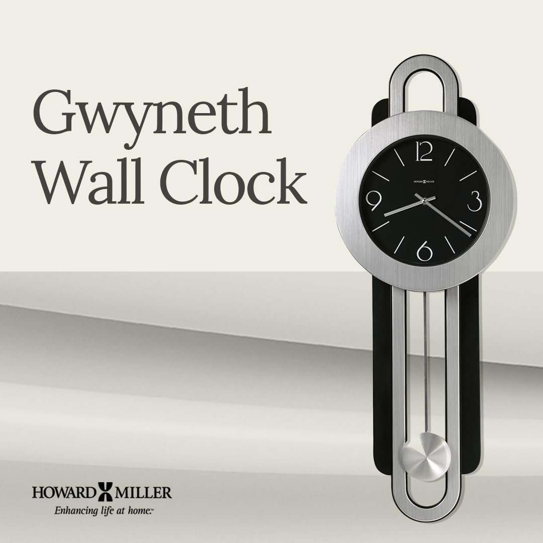 Howard Miller Gwyneth Wall Clock – Black Dial, Arabic Numerals, Quartz Movement, Silver Pendulum Bob, Brushed Nickel & Satin-Black Finish