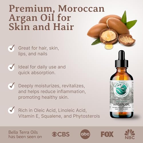 Bella Terra Oils - Argan Oil 2 oz - Cold-Pressed from Morocco, Rich in Vitamin E & Fatty Acids, Perfect Hair Oil Serum to Combat Frizz, Luxurious Face Oil