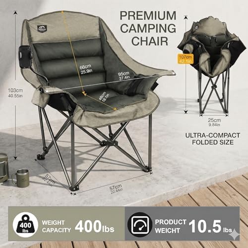 Oversized XL Folding Camping Chair,Heavy Duty Support 400Lbs,Large Comfy Padded Camp Chair for Adults,Lawn Arm Chair w/Cup Holder,Phone Holder,Carry Bag Perfect for Outdoor (Brown