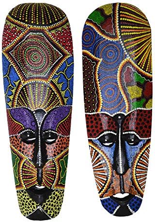 WorldBazzar 20" SET OF 2 AFRICAN HAND CARVED ABORIGINAL DOT ART WOODEN TRIBAL MASK WALL DECOR
