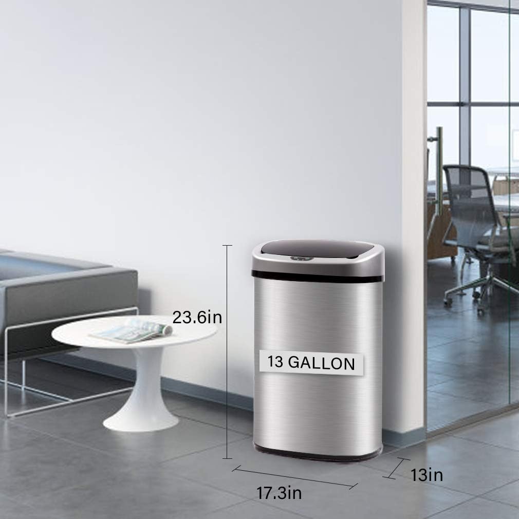 FDW | 13 Gallon Stainless Steel Trash Can with Lid | Silver