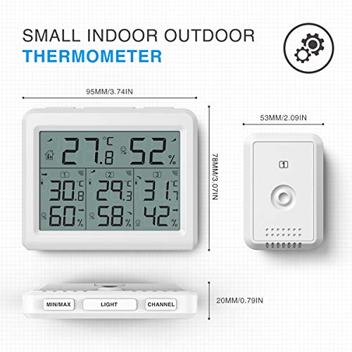 AMIR Indoor Outdoor Thermometer, 3 Channels Digital Hygrometer Thermometer with 3 Sensor, Temperature Humidity Monitor with LCD Display