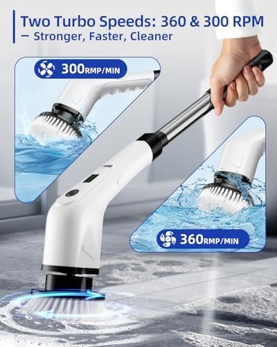 Electric Spin Scrubber, Cordless Power Scrubber for Bathroom Cleaning, 6 Replaceable Brush Heads, 360 RPM, Long Battery for Tub, Tile, Grout & Floor