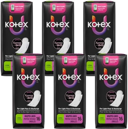 Kotex Lightdays Liner, Long, 16 Count, (Pack of 6)