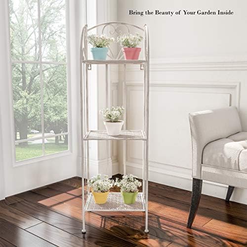 Plant Stand 3-Tier Vertical Shelf Indoor or Outdoor Folding Wrought Iron Home Garden Display with Laser Cut Shelves by Pure Garden (Antique White)