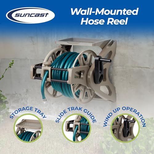 Suncast Slide Trak Garden Hose Reel, Wall-Mount Holder with Storage Tray, Dark Taupe - Outdoor Mounted Organizer for 175 Ft of 5/8" Standard Vinyl Water Hoses in Lawn and Yard