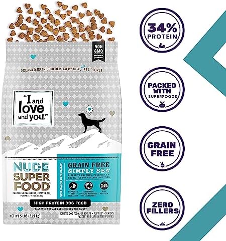 I and love and you Nude Super Food Dry Dog Food - Salmon + Whitefish - Prebiotic + Probiotic, Grain Free, Real Meat, No Fillers, 5lb Bag