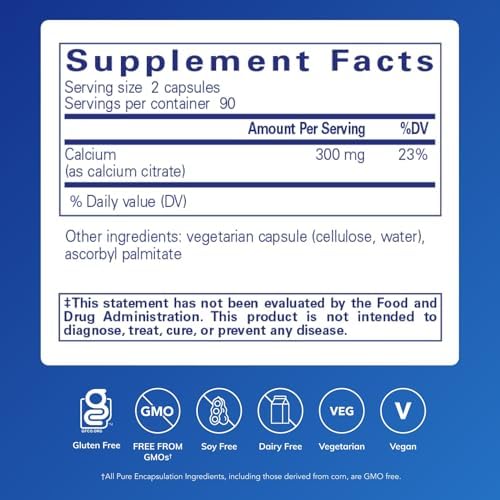Pure Encapsulations Calcium (Citrate) - Supplement for Bone, Teeth, Colon, and Cardiovascular Health Support* - with Premium Calcium Citrate - 180 Capsules | Supplement for Bone, Teeth, Colon, and Cardiovascular Health Support*, with Premium Calcium Citr…