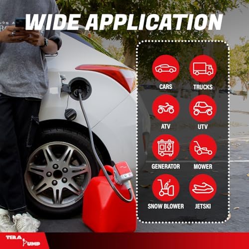 TERA PUMP Next Gen Garage Gas Can Pump with Auto-Stop | No Heavy Gas Can Lifting, 39" Strong Vinyl Hose, Flexible Intake Hose, Universal Adapter