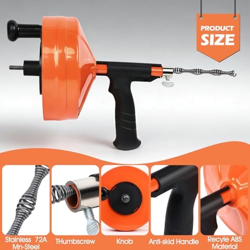 50 Ft Drain Auger,Use Manually or Drill Powered 50 Foot Drain Snake,Heavy Duty Flexible Plumbing Snake,With Gloves and Storage Bag for Kitchen Sink, Shower Drain (50FT, Orange)