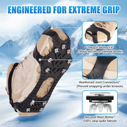 Ice Cleats for Shoes and Boots, Silicone Crampons, 11 Stainless Shoe Spikes for Snow and ice, Heavy Duty Traction for Hiking, Climbing &Mountaineering