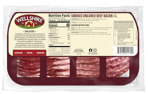 Wellshire Farms 8oz Uncured Smoked Beef Bacon – Made from Pasture-Raised Beef with No Antibiotics or Added Hormones, Bold Flavor and Ready to Serve