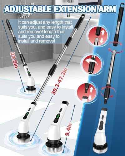 Electric Spin Scrubber, IPX7 Waterproof Cordless Cleaning Brush with 8 Replaceable Heads, Dual Speed & USB-C Charging