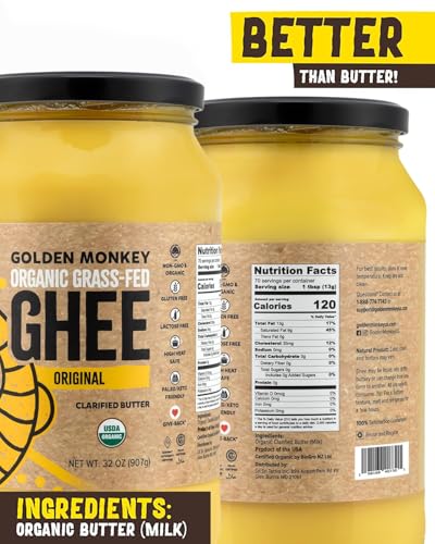 GOLDEN MONKEY Organic Ghee Butter – Grass Fed Clarified Butter for Cooking, Baking