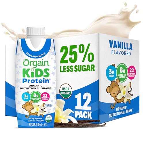 Orgain Organic Kids Dairy 8g Protein Shake, Chocolate, 8.25 oz, 12pk | Nutritional drink, grass-fed protein, 22 vitamins & minerals, 3g fiber, non-GMO, no soy, healthy snack for picky eaters
