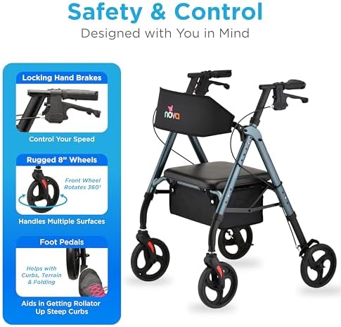 NOVA Star 8 Foldable Rollator Walker for Seniors (5'3"–6'2"), Wide Padded Backrest with Seat, 8” All-Terrain Wheels, Easy-Grip Locking Hand Brakes, Height Adjustable, Sky Blue