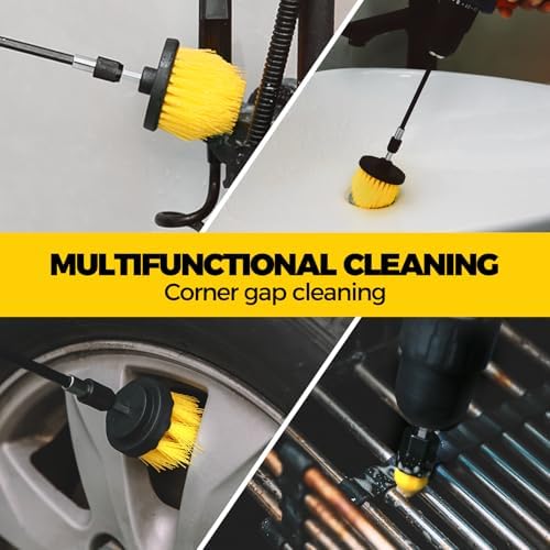 Holikme 6Pc Drill Brush Set - Soft Bristles with Extension for Home Clean | 5 Head Sizes, Yellow Nylon Fibers, Power Scrubber Attachments for Tile, Tub, Shower, Floors, Kitchen and Auto Interior Care