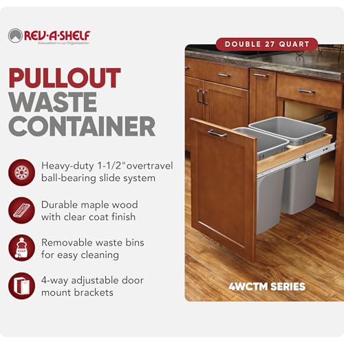 Rev-A-Shelf Double Pullout Trash Can, Min Cabinet Opening 18" W, 50 Qt | w/ Soft-Close, Under Cabinet Waste/Recycling Bin w/ Lid, Silver, 4WCSC-2150DM-2