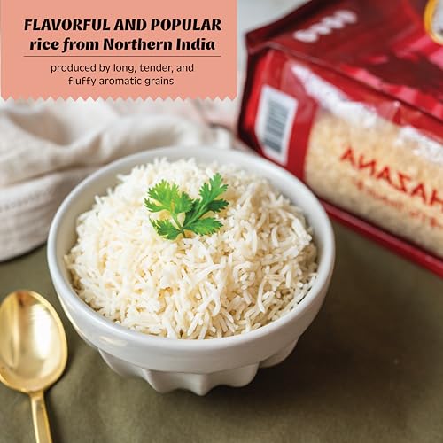 Authentic Extra Long Basmati Rice by Khazana in 10 lb Bag - Aromatic and Flavorful Indian Grain - Non-GMO, Gluten Free, Kosher, Cholesterol Free