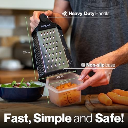 Cheese Grater with Container, Handheld Shredder, Zester (6 in 1) | 6 grating functions, coarse, medium, fine, micro, slicer blades, non-slip base
