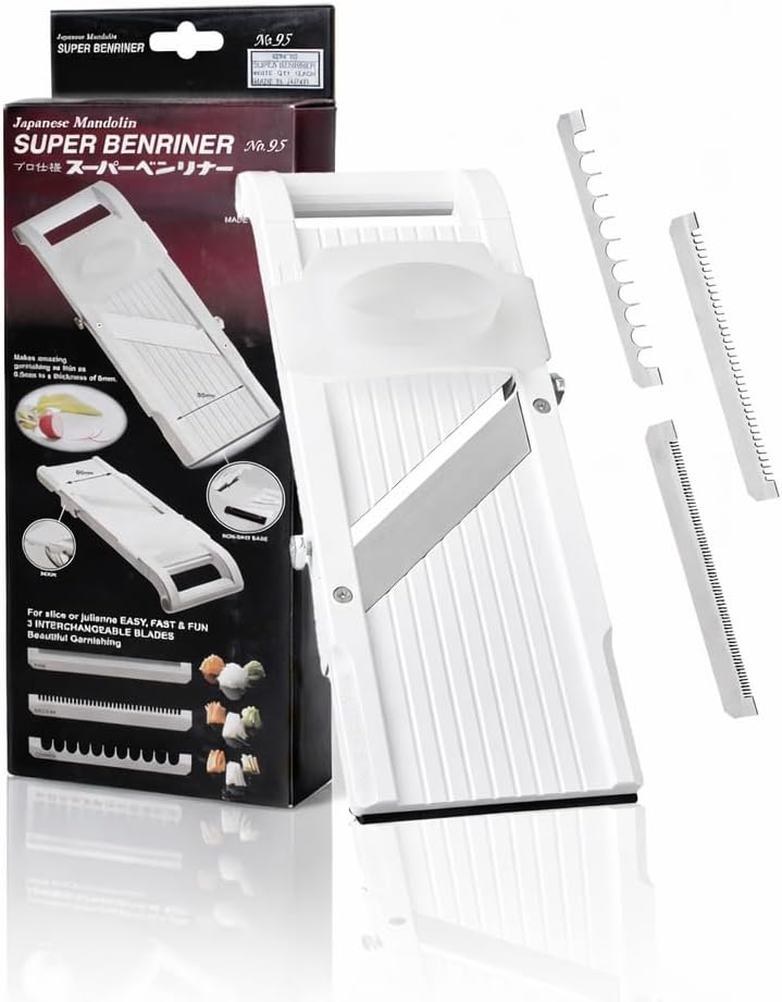 Benriner Mandoline Slicer with 4 Blades, Japanese Stainless Steel, BPA Free, 12.75 x 3.625-Inches, Beige