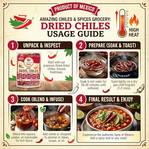Chile De Arbol 4oz - Dried Whole Red Chili Peppers, Premium All Natural Stemless, Resealable Bag. Use in Mexican, Chinese and Thai Dishes. Spicy Hot Heat Full of Flavor