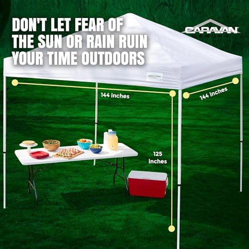 Caravan Canopy 12 by 12 Foot Polyester Straight Steel Leg Instant Pop Up Canopy Tent with Adjustable Height for Outdoor Events, Blue | 150D polyester top with 99 percent UV protection, 3 height settings to 9 ft, steel frame, roller bag and 4 stakes