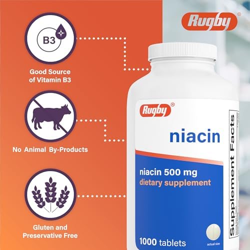 Rugby Niacin 500mg - Vitamin B3 Supplement for Men and Women - 1,000 Tablets (2-Pack)