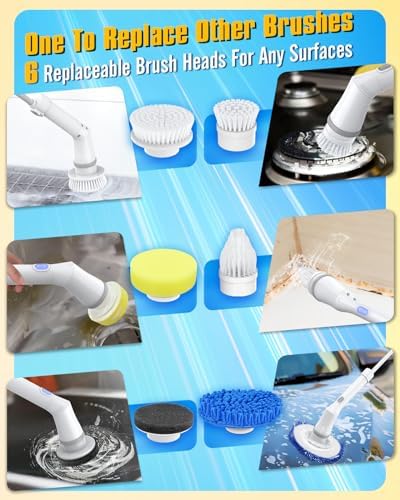 Electric Spin Scrubber, Cordless Shower Spin Scrubber with Dual Speed, 6 Replacement Brush Heads & Adjustable Extension Arm, 2H Bathroom Scrubber