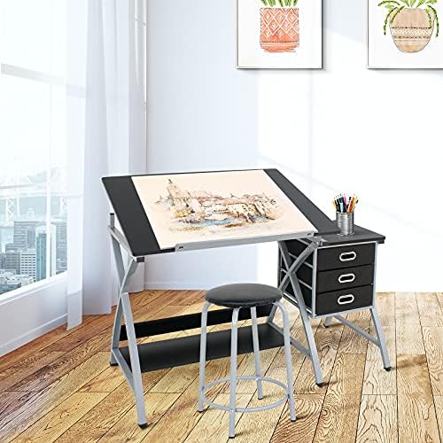 ZENY Drafting Table and Stool, Tilted Draft Table Desk w/Drawers, Artist Drawing Desk Craft Table for Drafting, Painting, Reading, Writing