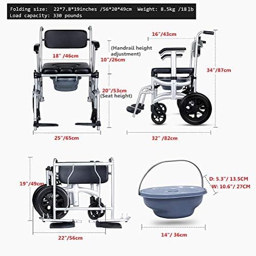Mobile Shower Chair, 4-in-1 Toilet Commode Wheelchair with Brakes, Removable Pedal, Adjustable Armrest, PU Backrest Cushion and Pail 330lb
