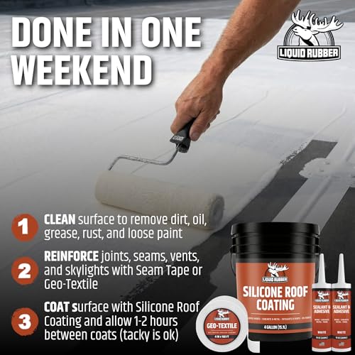 Liquid Rubber Silicone Roof Coating UV-Reflective Coating, White, 4 Gallon | Solar Reflective, One-Coat Sealant for Flat, Low-Slope, Metal, Concrete, EPDM and TPO Roofs. No Primer Needed Except EPDM/TPO