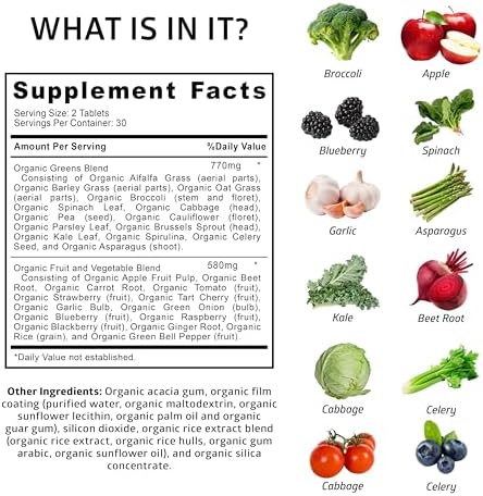 USDA Organic Superfood Greens, 28 Ingredients, Vegan, Non-GMO, 60 Tablets