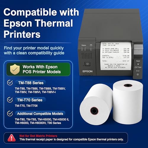 3 1/8 x 230 Thermal POS Rolls for Epson Printers, BPA Free Thermal Printing Compatible with TM-T88 TM-T70 TM-T80 TM-T85 TM-H6000 T90 Series