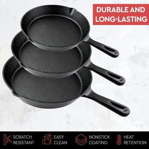 Cast Iron Skillet 3-Piece Set w/Cookbook - Heavy-Duty Professional Restaurant Chef Quality Pre-Seasoned Pan Cookware - 10", 8", 6.25" Pans - For Frying, Saute, Cooking, Pizza - Black