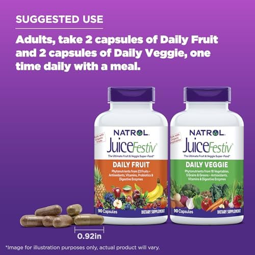 Natrol JuiceFestiv Vitamins and Supplements, 60 Capsules (2-Count) | For Nutrition & Well-being, Antioxidants for Cellular Health, Daily Fruit & Veggie Capsules, 120 Capsules, 30 Day Supply