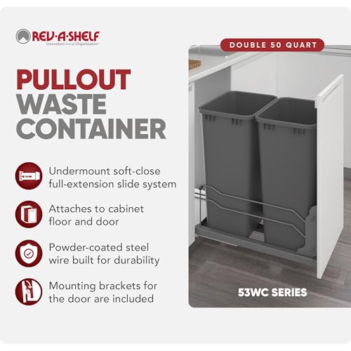 Rev-A-Shelf Double Pullout Trash Can w/Soft-Close Slides, 14.5" Min Opening | Large Capacity Garbage/ Recycling Bins for Full Height Kitchen Cabinets, Heavy Gauge Wire Construction, 53WC-2150SCDM-217