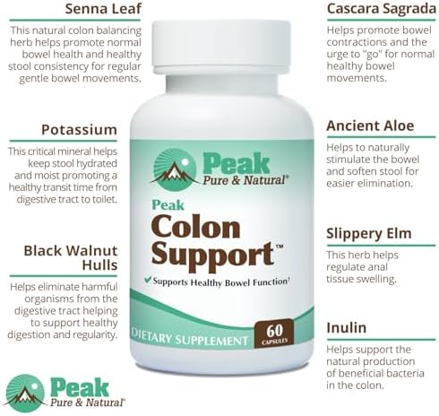 Peak Pure & Natural Colon Support - Colon Cleanse and Detox Supplement for Digestive Health - Gut Health Support with Inulin and Senna Leaf Extracts - with Fiber, Prebiotics, and Probiotics - 1 Pack