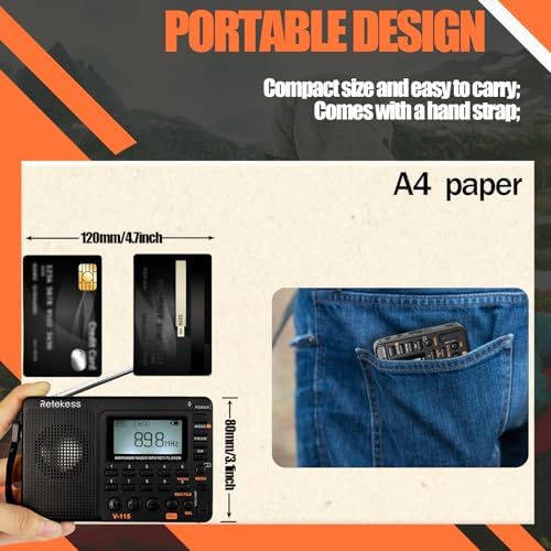 Retekess V115 Shortwave Radio, Digital Radio AM FM | for Camping, Shortwave Receiver, 1000mAh Rechargeable Battery, Presets, TF/AUX Playback