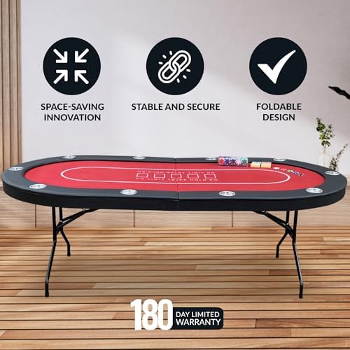 Hathaway Fourth Street Folding Texas Holdem Table – 10-Player Quick Folding Poker Table with Burgundy Felt Padded Surface – Includes Playing Cards