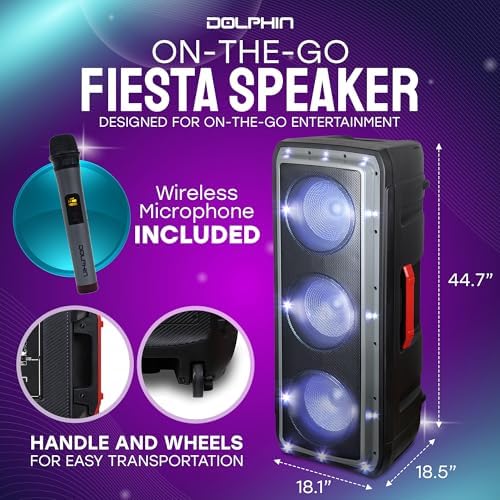 Dolphin Bluetooth Party Speaker with Wireless Mic, Triple 10" Woofers | 120W Output, LED & Strobe Lights, USB/TF/FM/AUX, Guitar & Mic Inputs