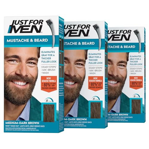 JUST FOR MEN Mustache & Beard Dye, Keratin, Light-Medium Brown M-30 (3 Pk) | Mustache & Beard color light-medium brown designed for facial hair to instantly eliminate gray. Enhanced with keratin.