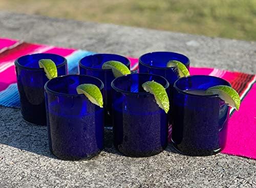 Hand Blown Mexican Drinking Glasses - Set of 6 Cobalt Tumbler Glasses (10 oz each)