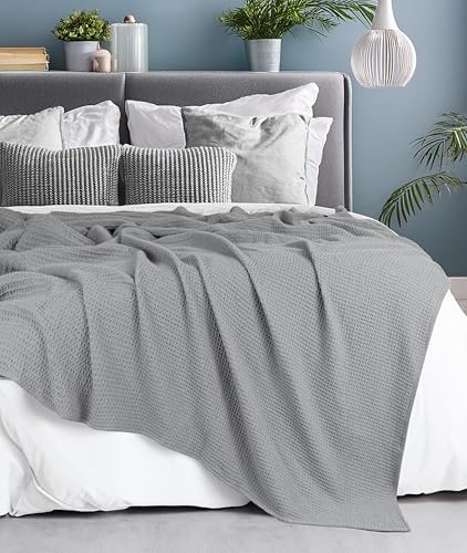 Tex Trend 100% Cotton Waffle Weave Blanket Queen Size - Soft, Breathable Cooling Blanket for Bed, Lightweight Cozy Summer & Spring Bedding, Grey, 90x90