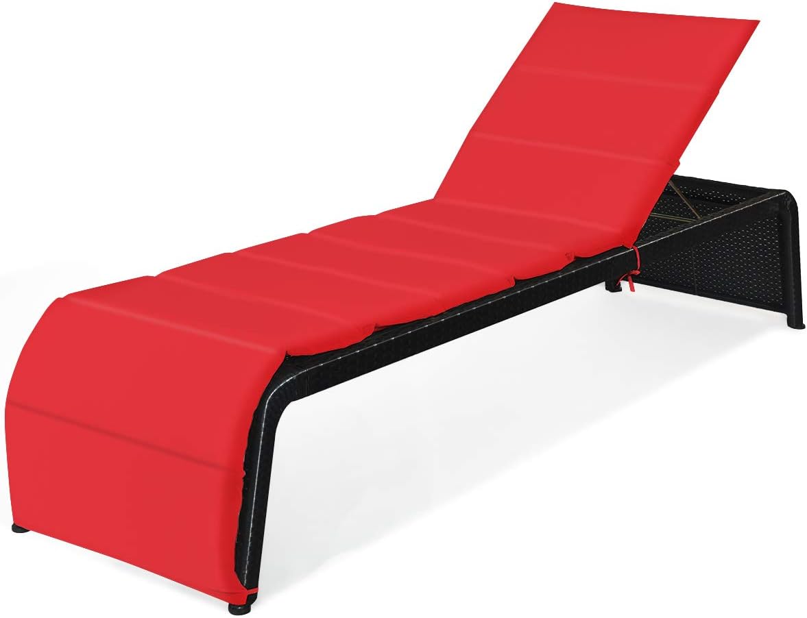 Tangkula Outdoor Chaise Lounge Chair, 5-Position Adjustable Rattan Recliner Chair w/Cushioned Seating and Adjustable Feet