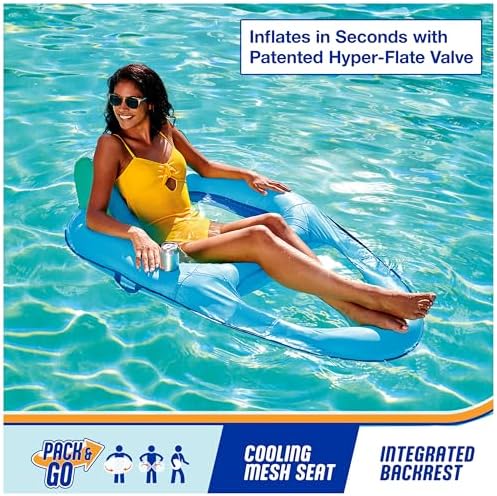 SwimWays Spring Float Recliner Chair for Swimming Pool, Inflatable Pool Floats Adult with Fast Inflation, Cup Holder & Foot Rest for Ages 15 & Up